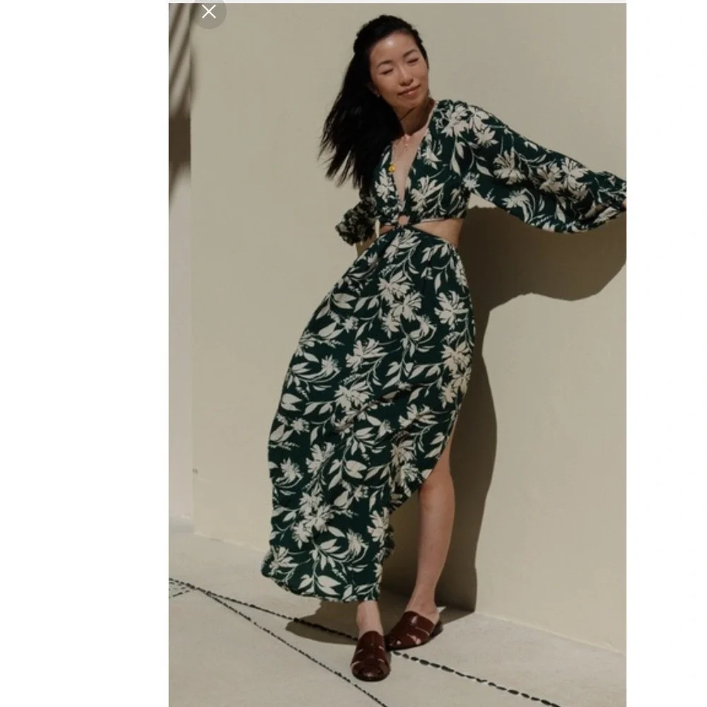 Abercrombie & Fitch Floral Print Cut-Out Maxi Dress Tropical Green Womens Size S